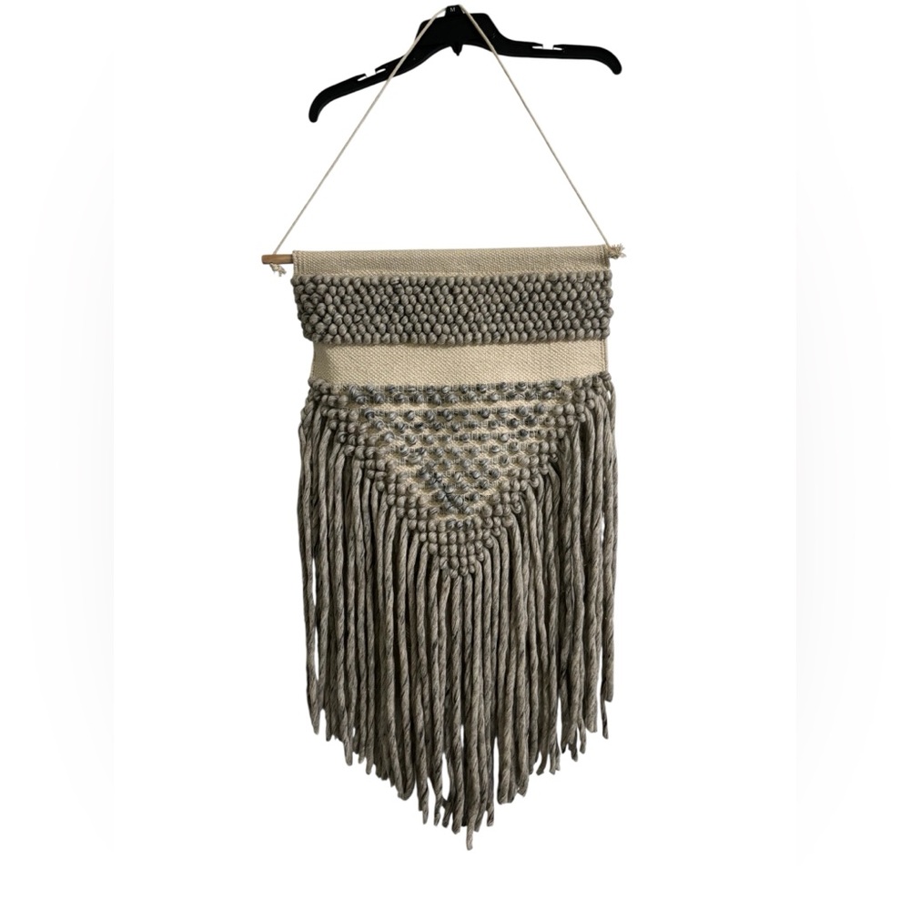 Handwoven Macramé Wall Hanging- Beige & Gray Boho Decor Rope Design 18x35 in